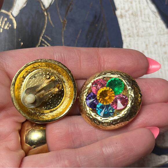 Vintage 80s 1980s Large Oversized Gold Gemstone Flower Clip Earrings D1 - Picture 9 of 10
